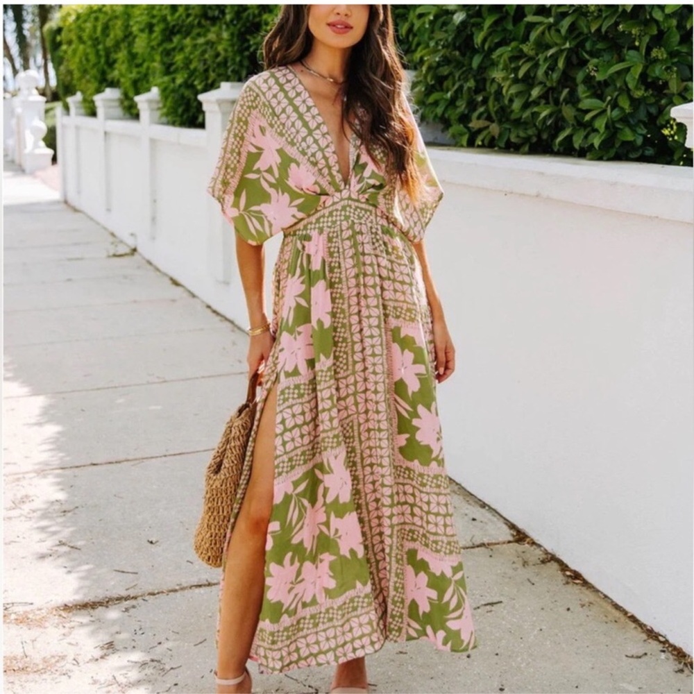 Vici Olive and Pink Floral Maxi Dress